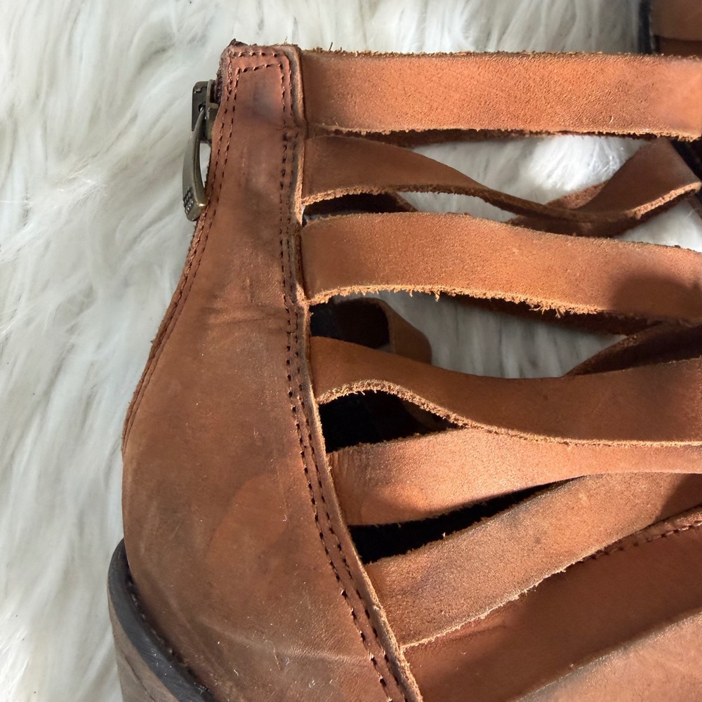 Free People Joe Tan Leather Strappy Block Heel Ankle Boots Brown Boho Zip Back - Picture 6 of 12